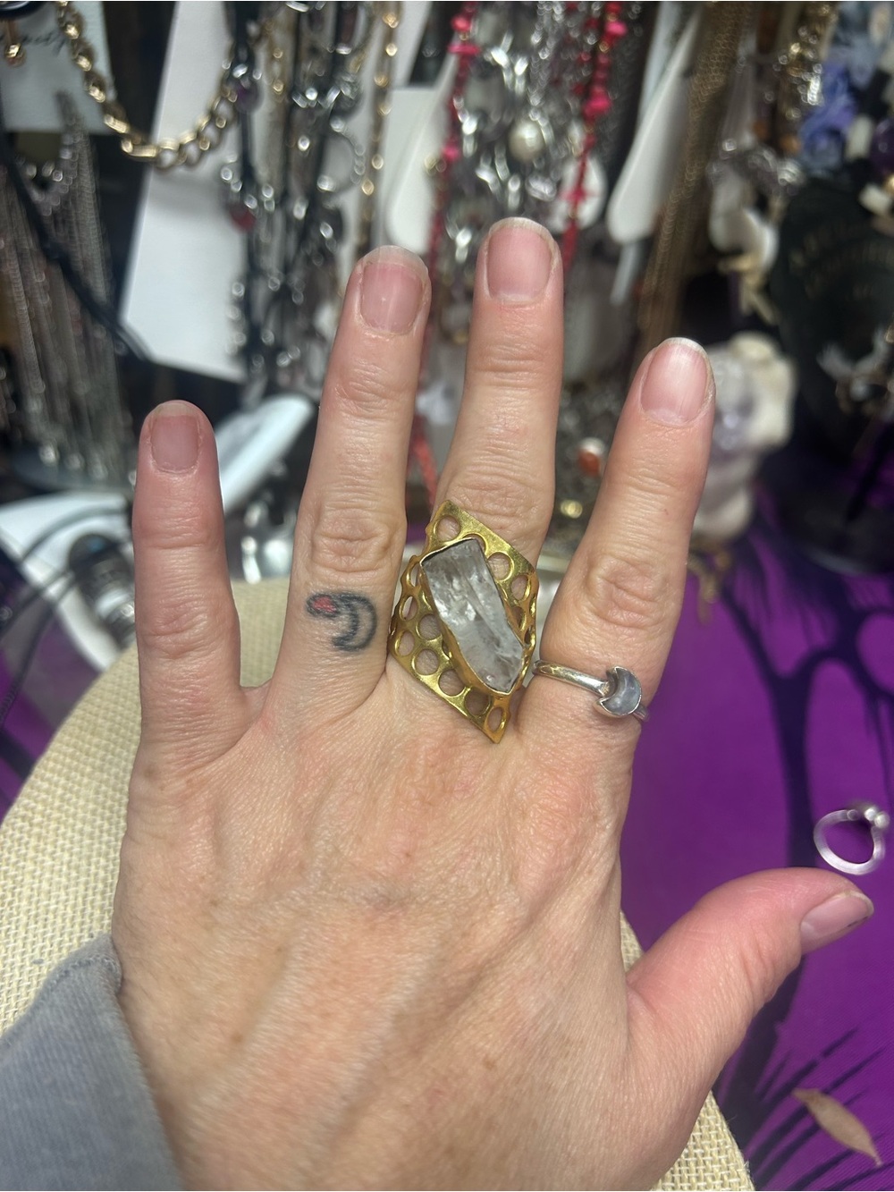 NEW Raw Clear Quartz Crystal Honeycomb Shield Ring Brass Boho Gothic